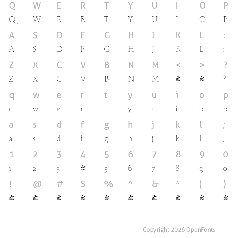 Character Map of FONTSPRING DEMO - Monterchi Serif Thin Regular