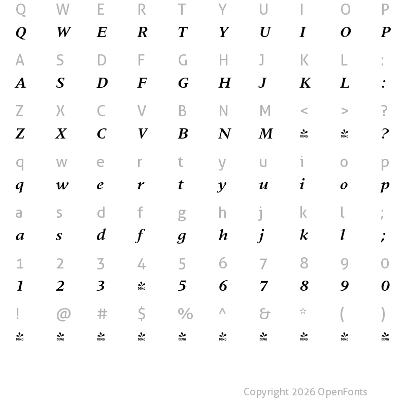 Character Map of FONTSPRING DEMO - Montreux Bold Italic