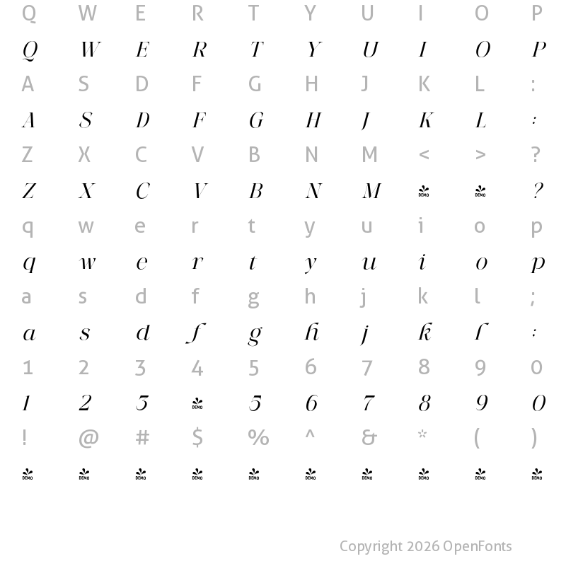 Character Map of FONTSPRING DEMO - More Light Italic