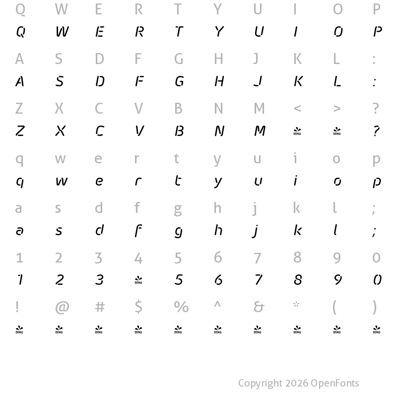 Character Map of FONTSPRING DEMO - Morebi Rounded Med Stencil Italic