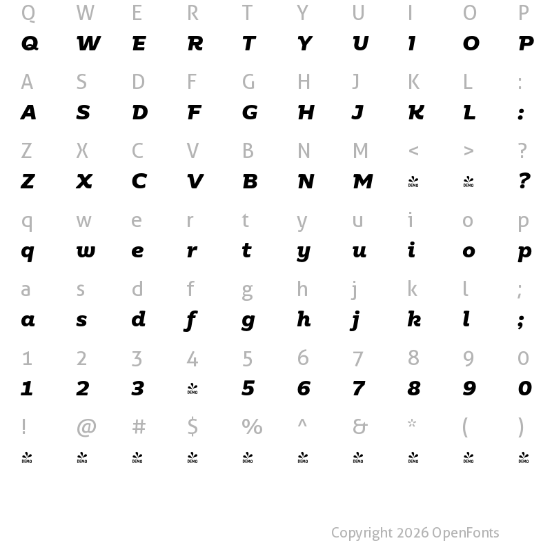Character Map of FONTSPRING DEMO - Moreno Bold Italic Bold Italic