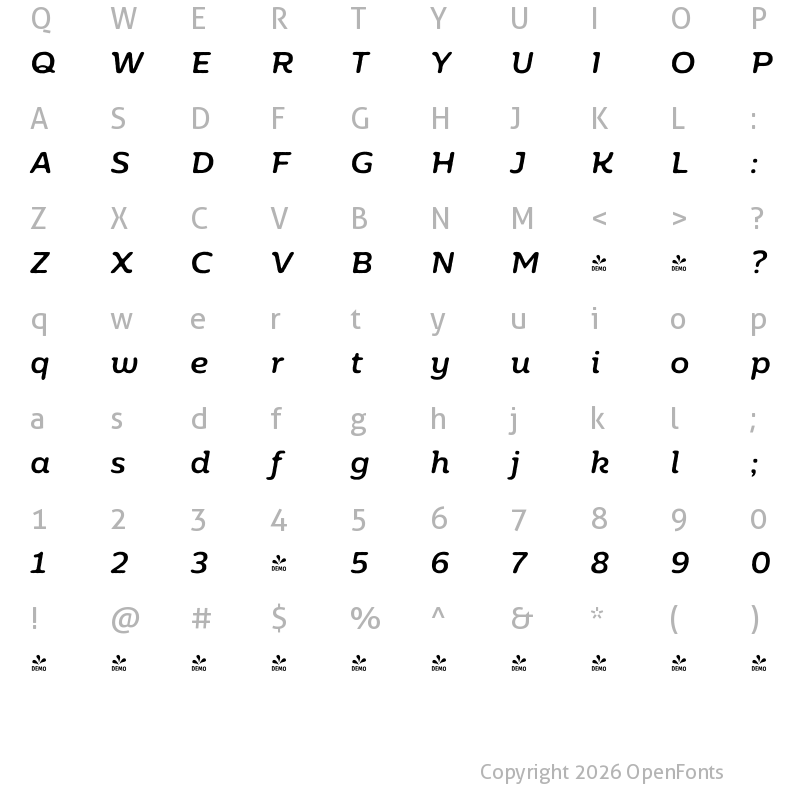 Character Map of FONTSPRING DEMO - Moreno Rough 02 Medium Italic Medium Italic