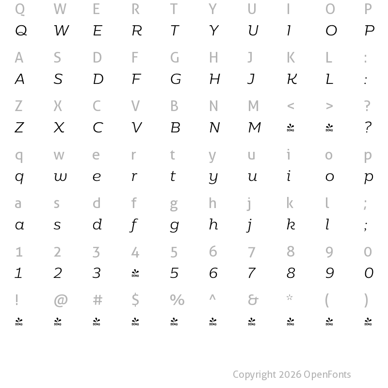 Character Map of FONTSPRING DEMO - Moreno Rough Light Italic Light Italic