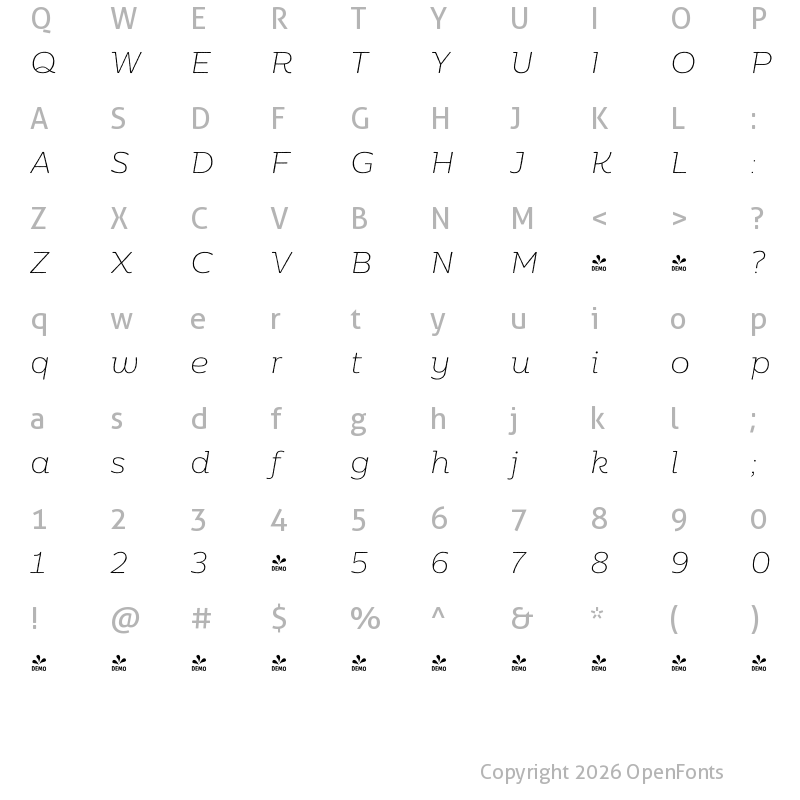 Character Map of FONTSPRING DEMO - Moreno Rough XThin Italic XThin Italic