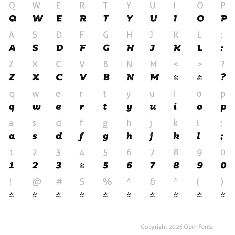 Character Map of FONTSPRING DEMO - Moreno Rust 02 Bold Italic Bold Italic