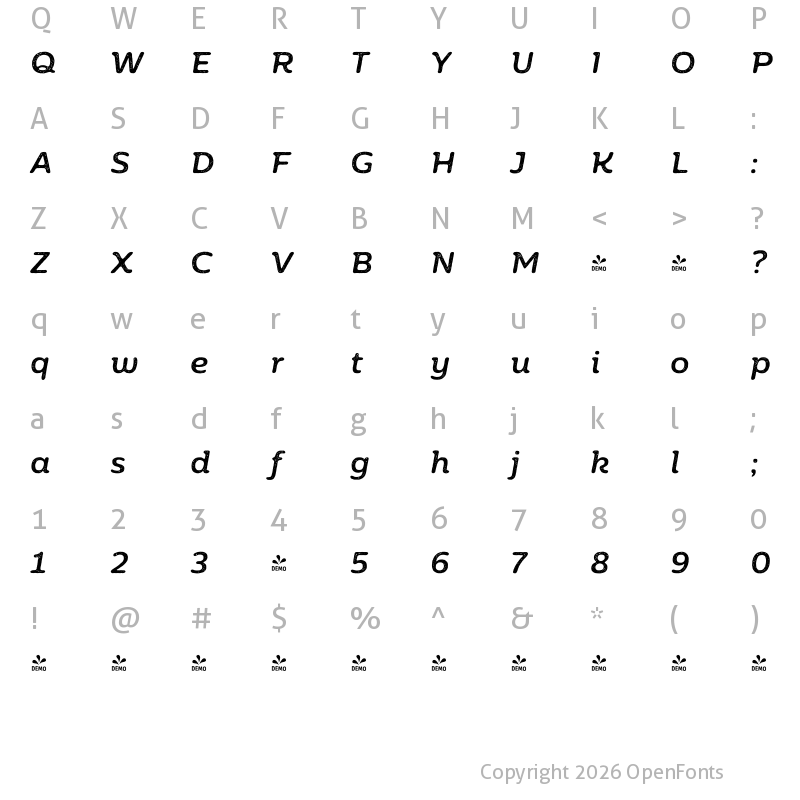 Character Map of FONTSPRING DEMO - Moreno Rust 02 Medium Italic Medium Italic