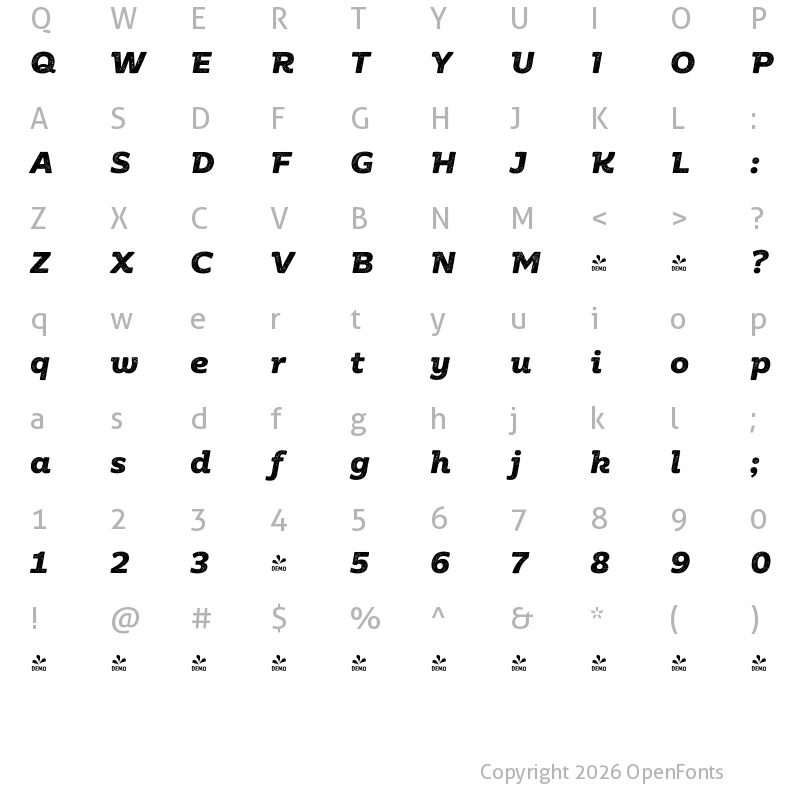 Character Map of FONTSPRING DEMO - Moreno Rust Bold Bold Italic