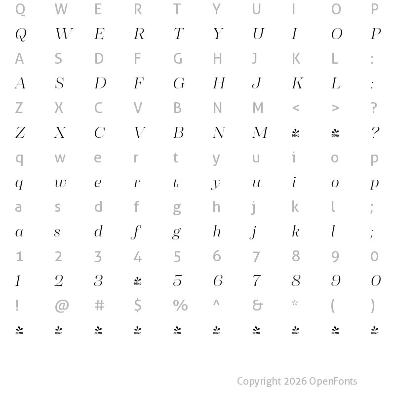 Character Map of FONTSPRING DEMO - Morison Display Light Italic Regular