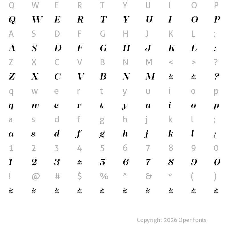 Character Map of FONTSPRING DEMO - Morison Display Semibold Italic Regular