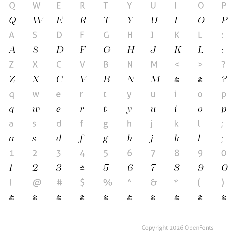 Character Map of FONTSPRING DEMO - Morison Display Smlight Italic Regular