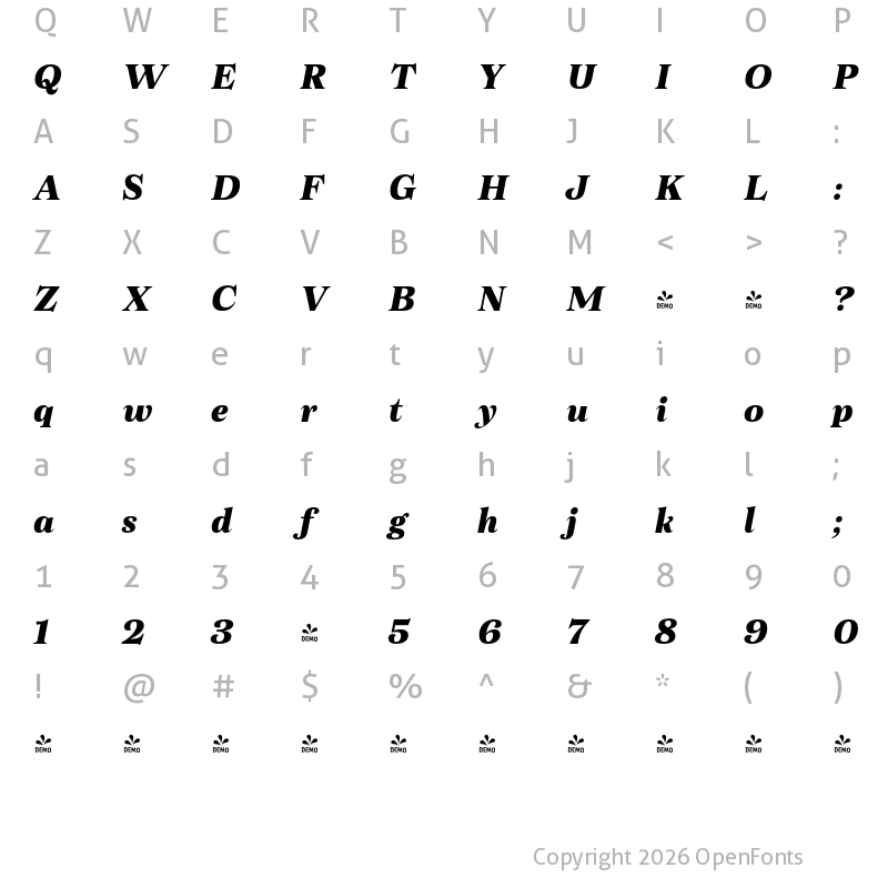 Character Map of FONTSPRING DEMO - Morison Extrabold Italic Regular