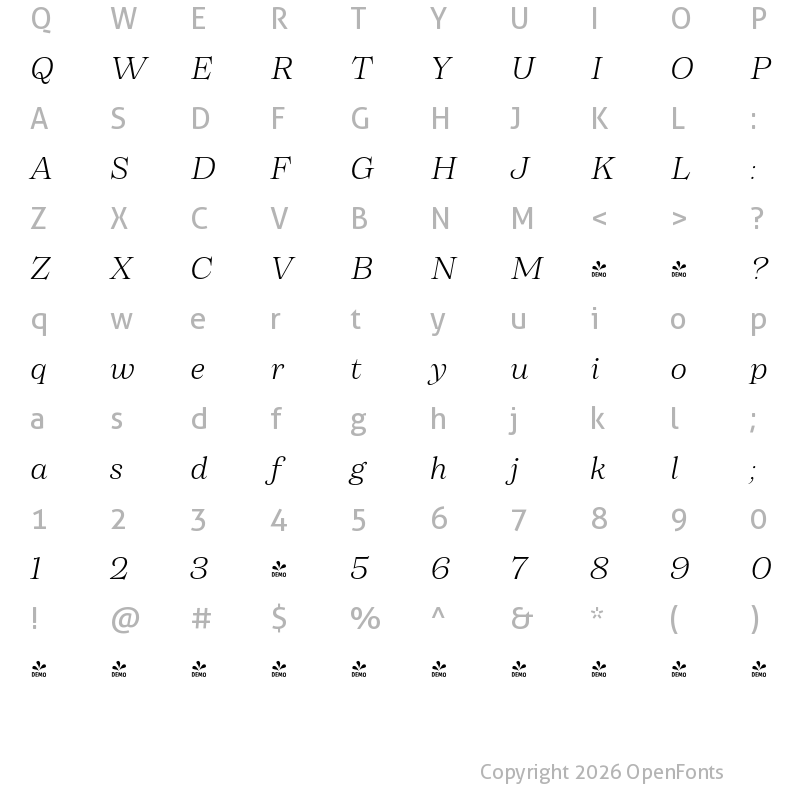 Character Map of FONTSPRING DEMO - Morison Light Italic Regular