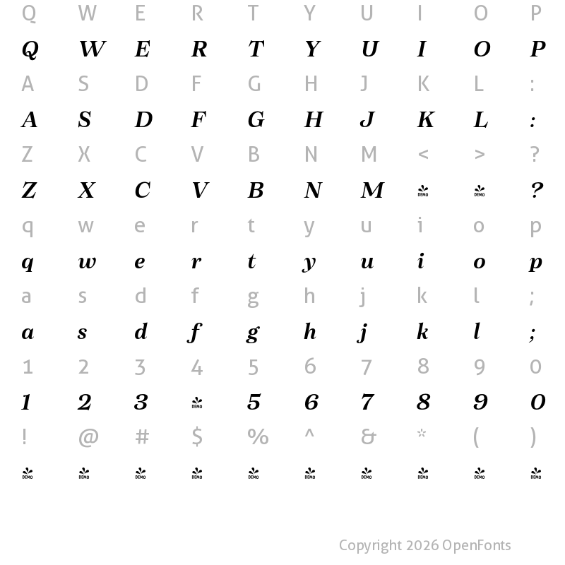 Character Map of FONTSPRING DEMO - Morison Semibold Italic Regular