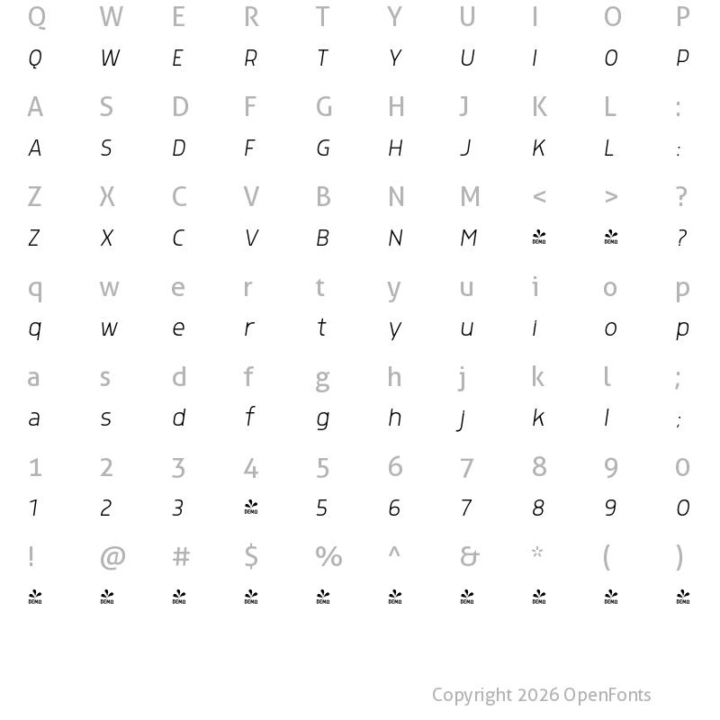 Character Map of FONTSPRING DEMO - Morl Sans ExtraLight Italic