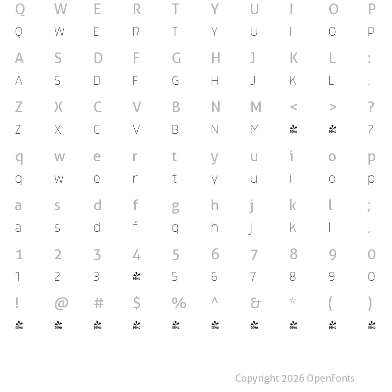 Character Map of FONTSPRING DEMO - Morl Thin Regular