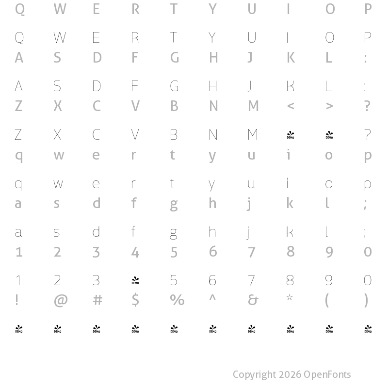 Character Map of FONTSPRING DEMO - Mosse Thai Thin Regular