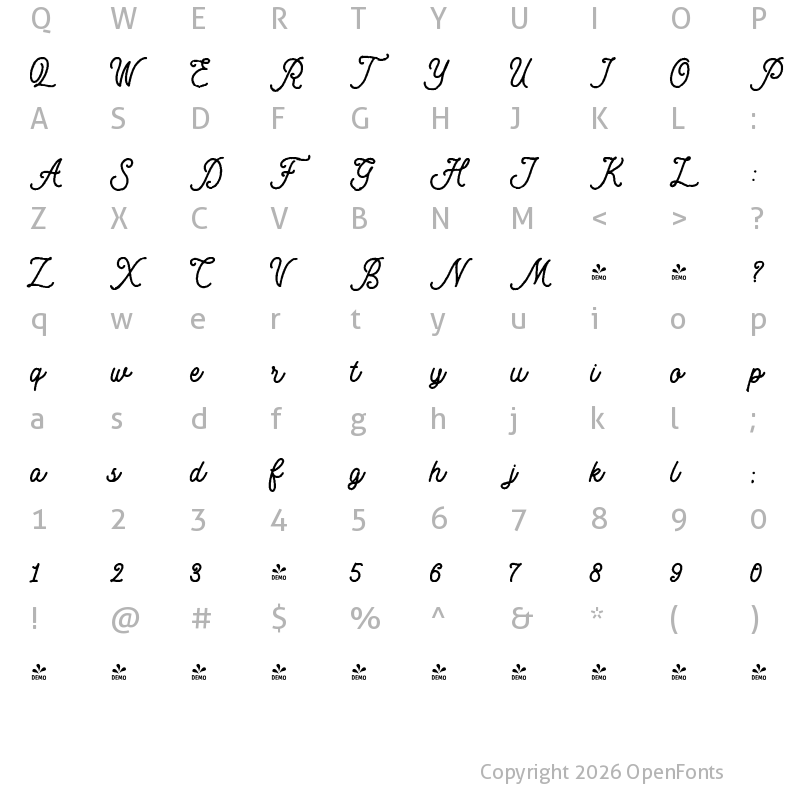 Character Map of FONTSPRING DEMO - Motherline Rough Regular