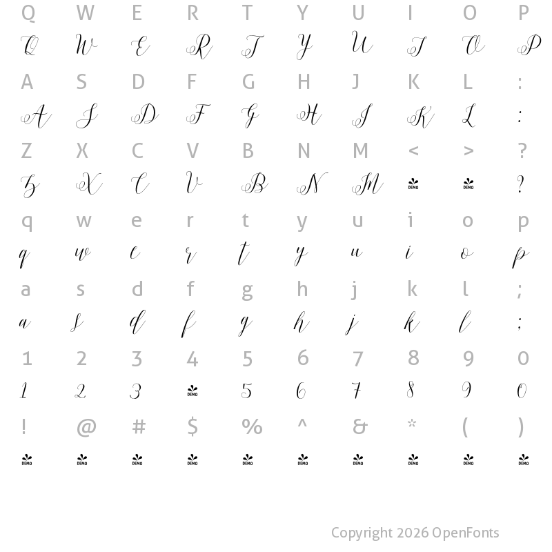 Character Map of FONTSPRING DEMO - Motisan Script Regular