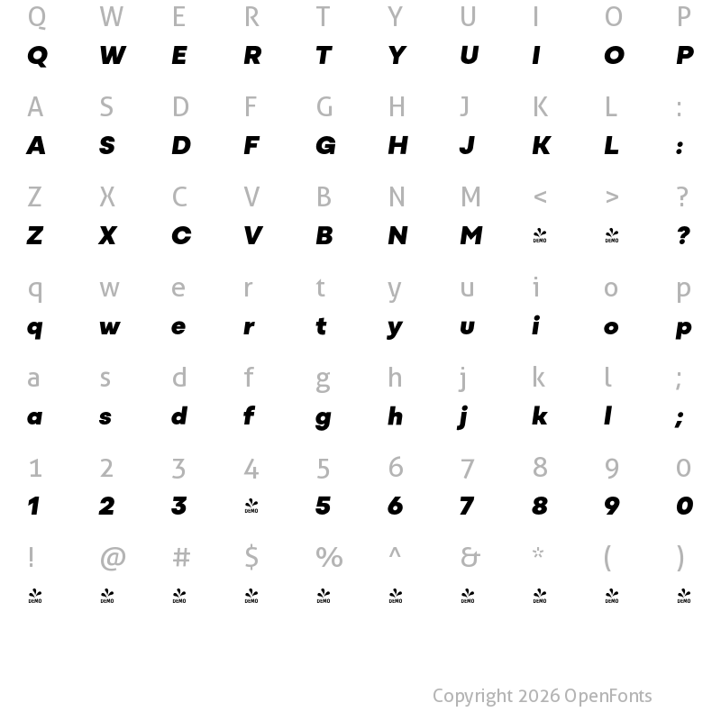 Character Map of FONTSPRING DEMO - Mozaic Italic Extra Black Regular