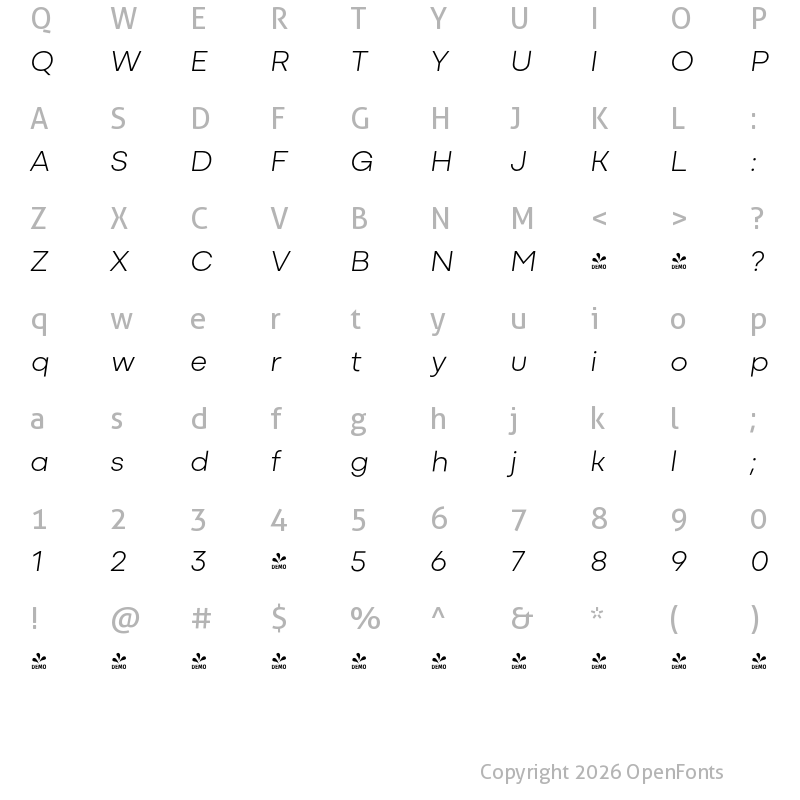 Character Map of FONTSPRING DEMO - Mozaic Italic Extra Light Regular