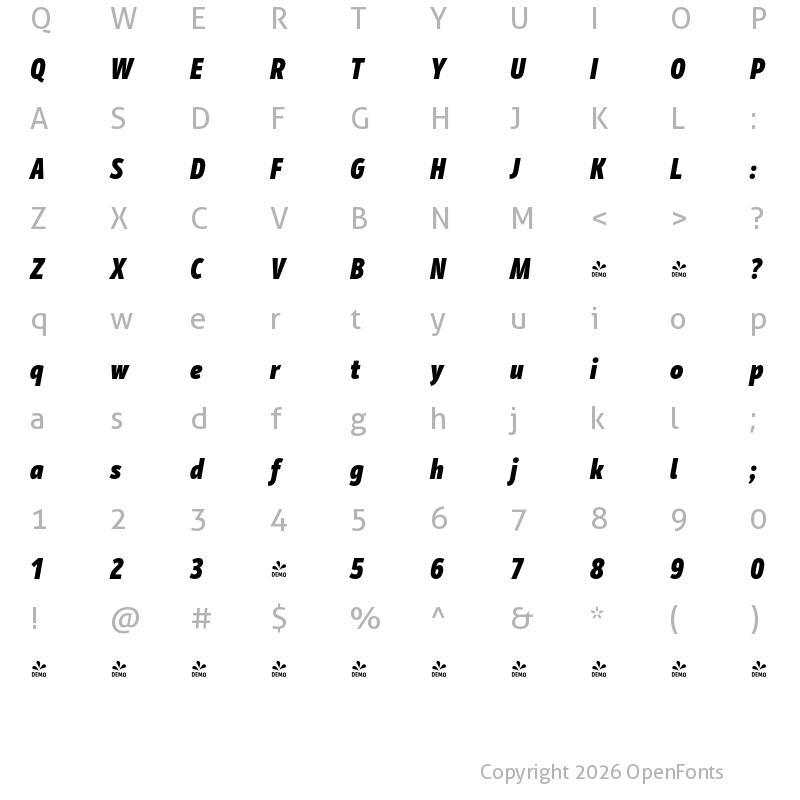 Character Map of FONTSPRING DEMO - Mozer Black Italic