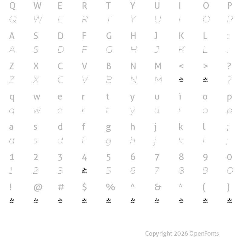 Character Map of FONTSPRING DEMO - Muller Hairline Italic