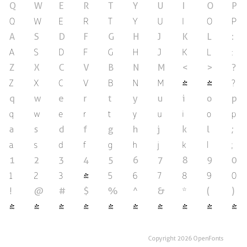 Character Map of FONTSPRING DEMO - Muller Narrow Thin Regular