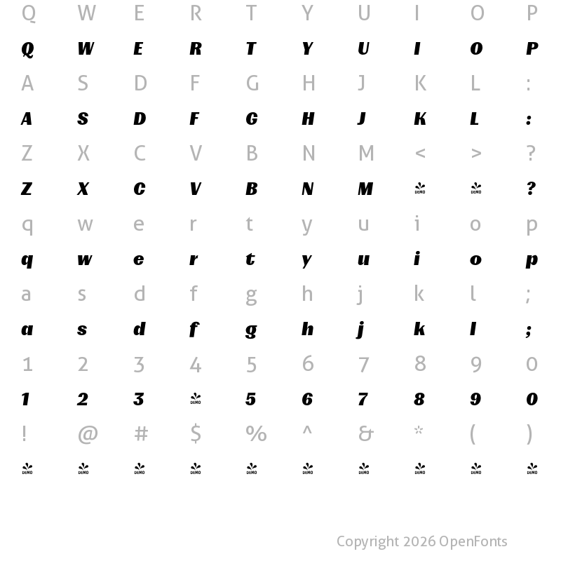Character Map of FONTSPRING DEMO - Mumford Black Obl Regular