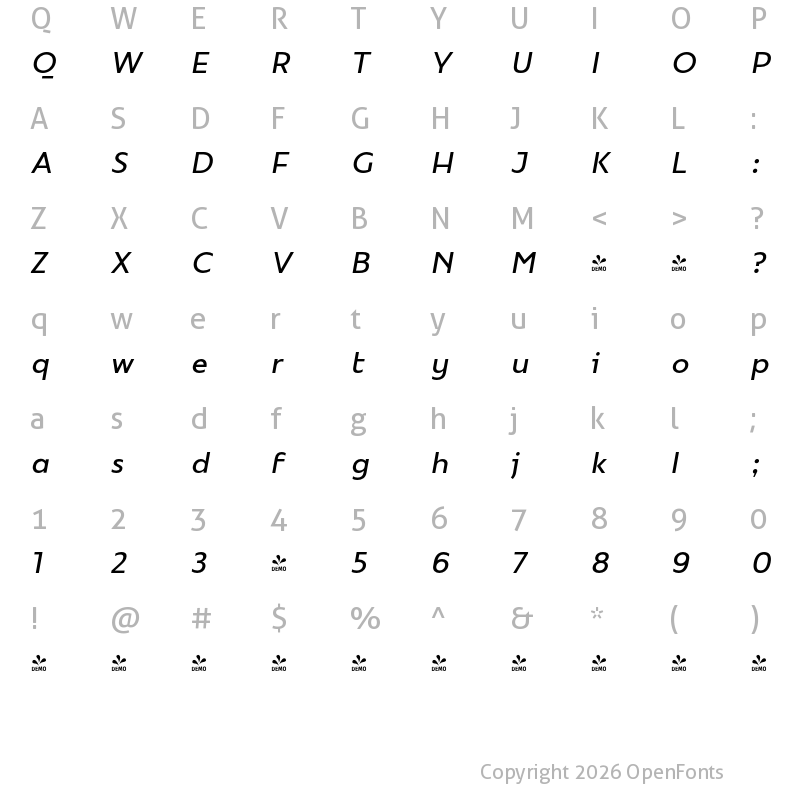 Character Map of FONTSPRING DEMO - Mymoon Book Italic Regular