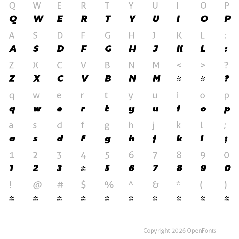 Character Map of FONTSPRING DEMO - Mymoon Heavy Italic Regular