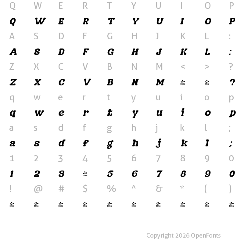 Character Map of FONTSPRING DEMO - Nagbuloe Bold Italic