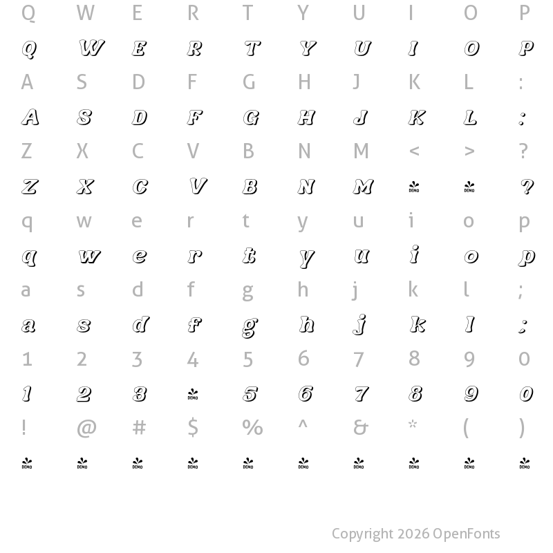 Character Map of FONTSPRING DEMO - Nagbuloe Shadow Italic