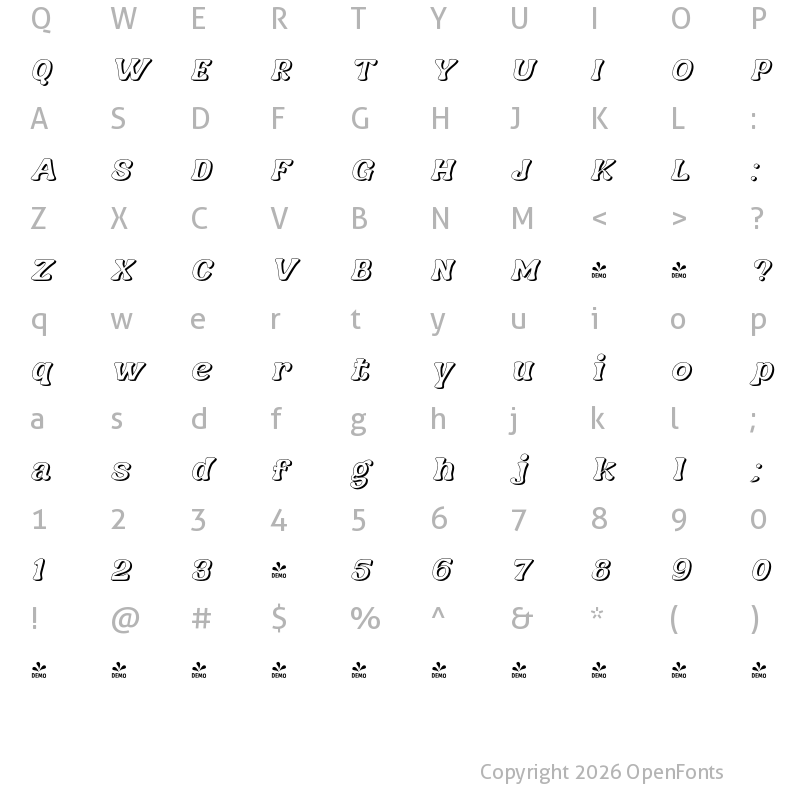 Character Map of FONTSPRING DEMO - Nagbuloe Thin Shadow Italic