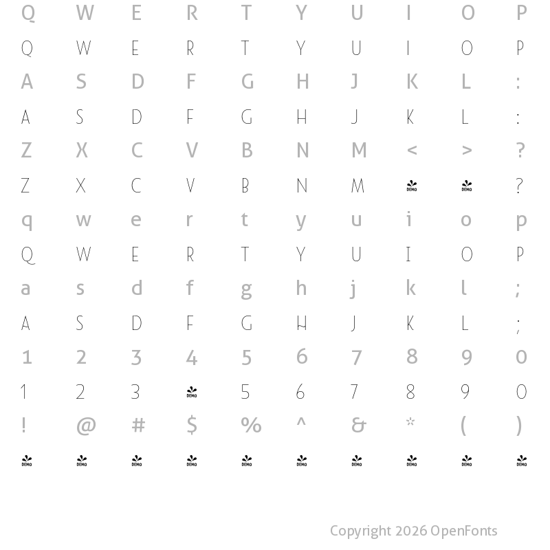 Character Map of FONTSPRING DEMO - Namaste Sans Essential Thin Regular