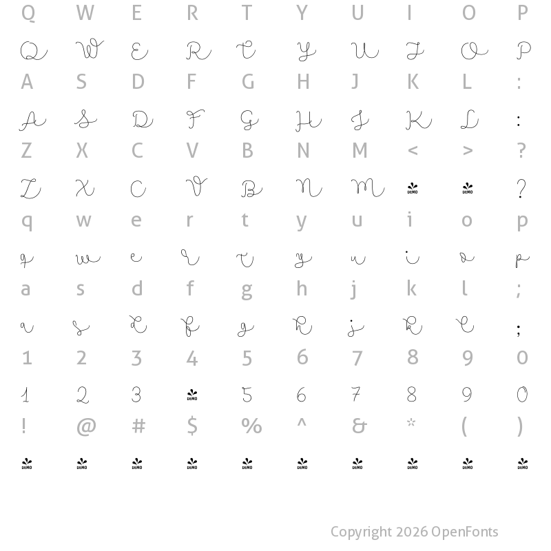 Character Map of FONTSPRING DEMO - Namaste Script Pro Thin Regular