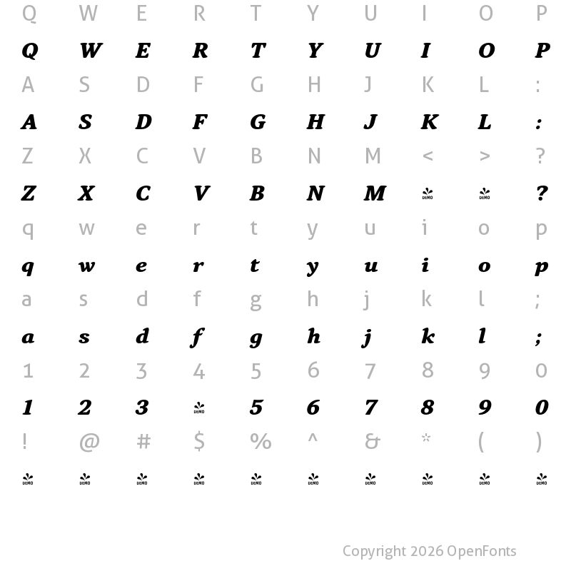 Character Map of FONTSPRING DEMO - Narevik Extra Bold Italic