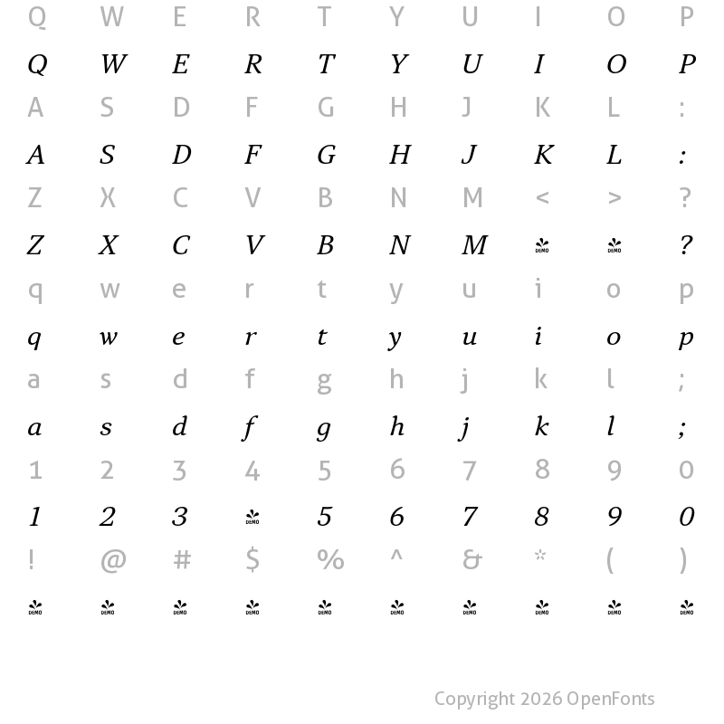 Character Map of FONTSPRING DEMO - Narevik Italic