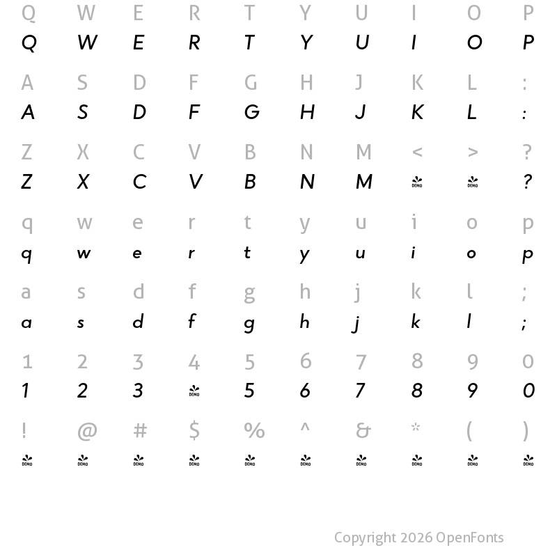 Character Map of FONTSPRING DEMO - Narin Medium Italic
