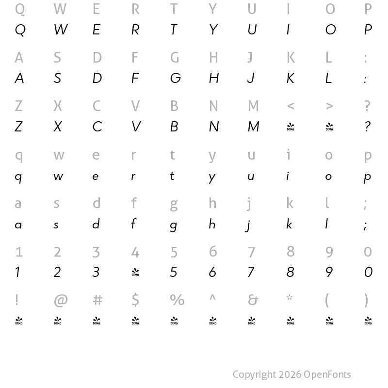 Character Map of FONTSPRING DEMO - Narin Regular Italic