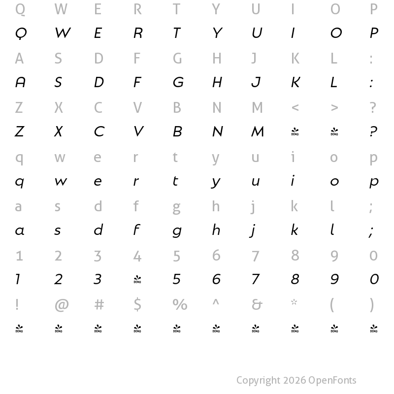 Character Map of FONTSPRING DEMO - Natom Pro italic Regular