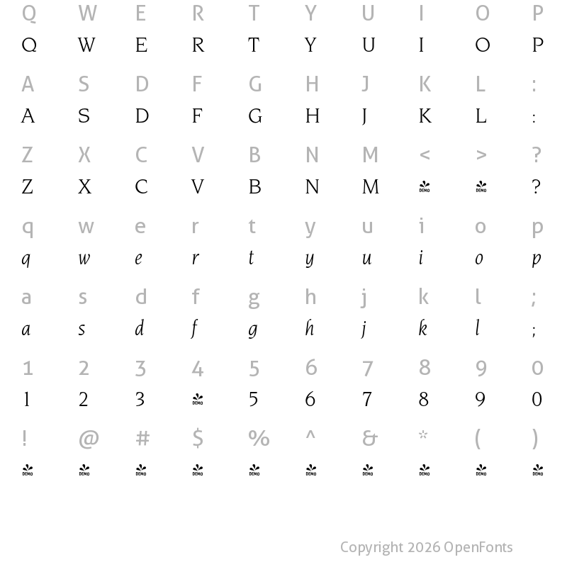 Character Map of FONTSPRING DEMO - Navarro Italic