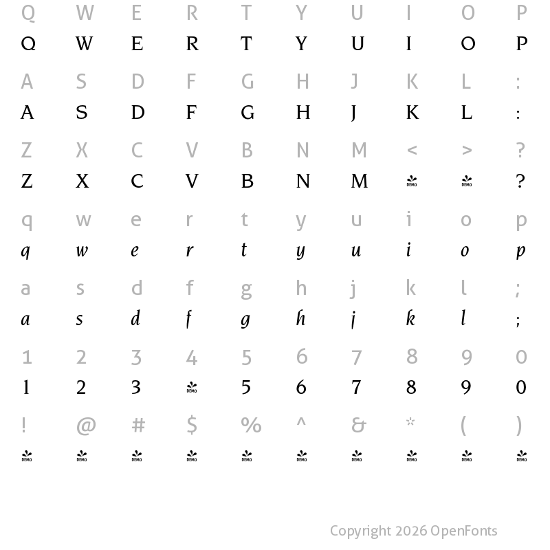 Character Map of FONTSPRING DEMO - Navarro Med Italic