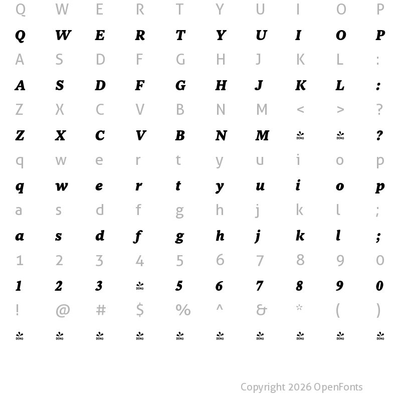 Character Map of FONTSPRING DEMO - NCT Larkspur Italic Extra Bold Regular