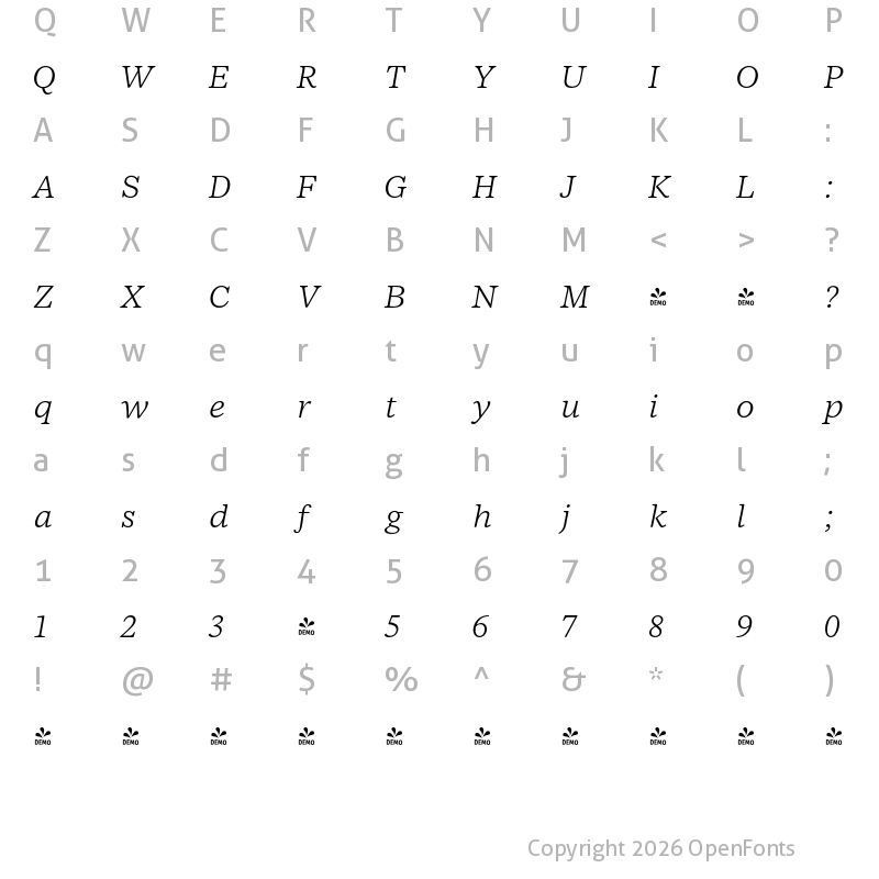 Character Map of FONTSPRING DEMO - NCT Larkspur Italic Light Regular
