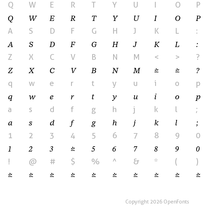 Character Map of FONTSPRING DEMO - NCT Larkspur Italic Regular