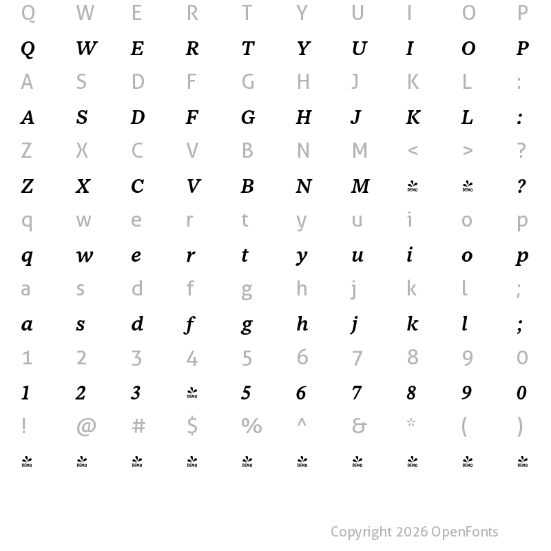 Character Map of FONTSPRING DEMO - NCT Larkspur Italic Semi Bold Regular