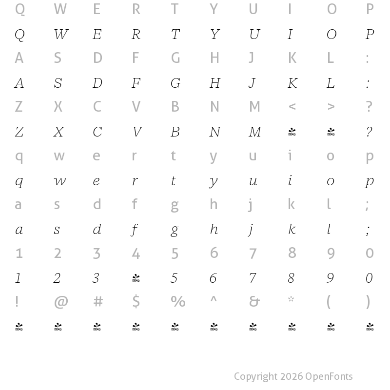 Character Map of FONTSPRING DEMO - NCT Larkspur Italic Thin Regular