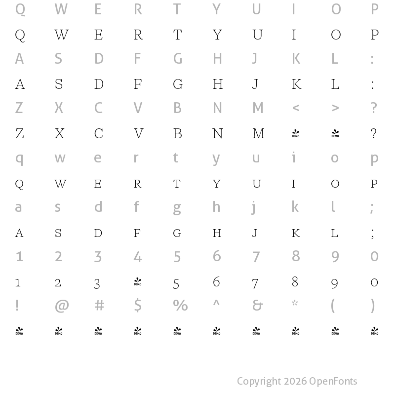 Character Map of FONTSPRING DEMO - NCT Larkspur SC Thin SC Regular
