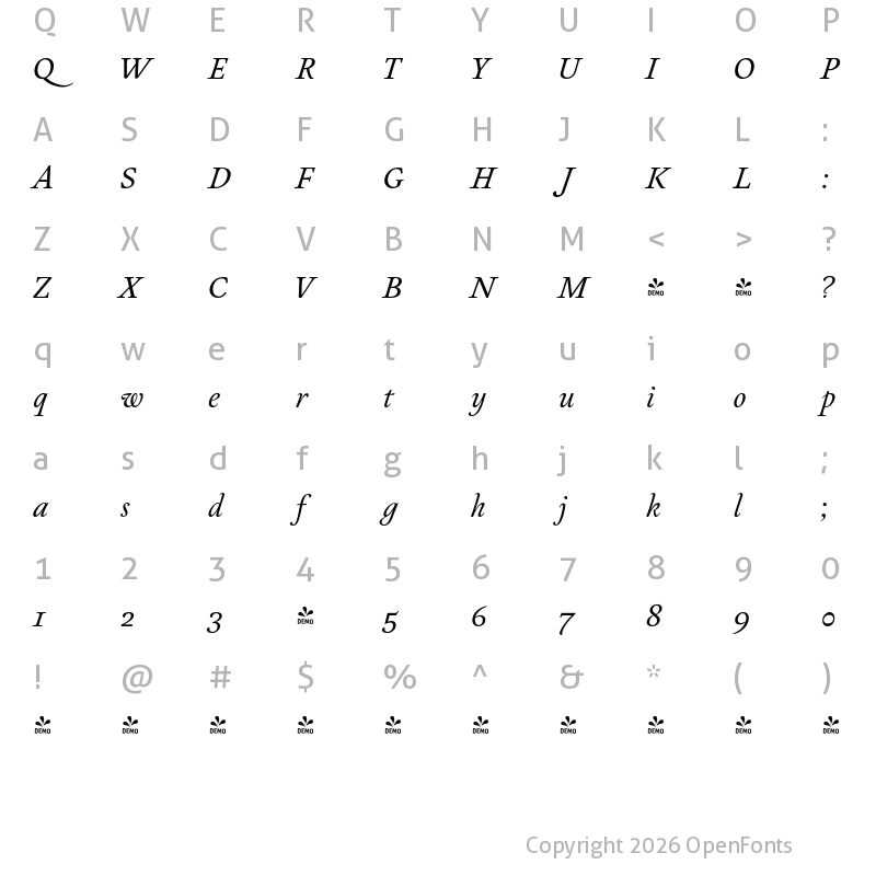 Character Map of FONTSPRING DEMO - Neftali Pro Regular Light Italic