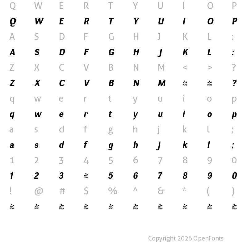 Character Map of FONTSPRING DEMO - Negotiate Rg Bold Italic